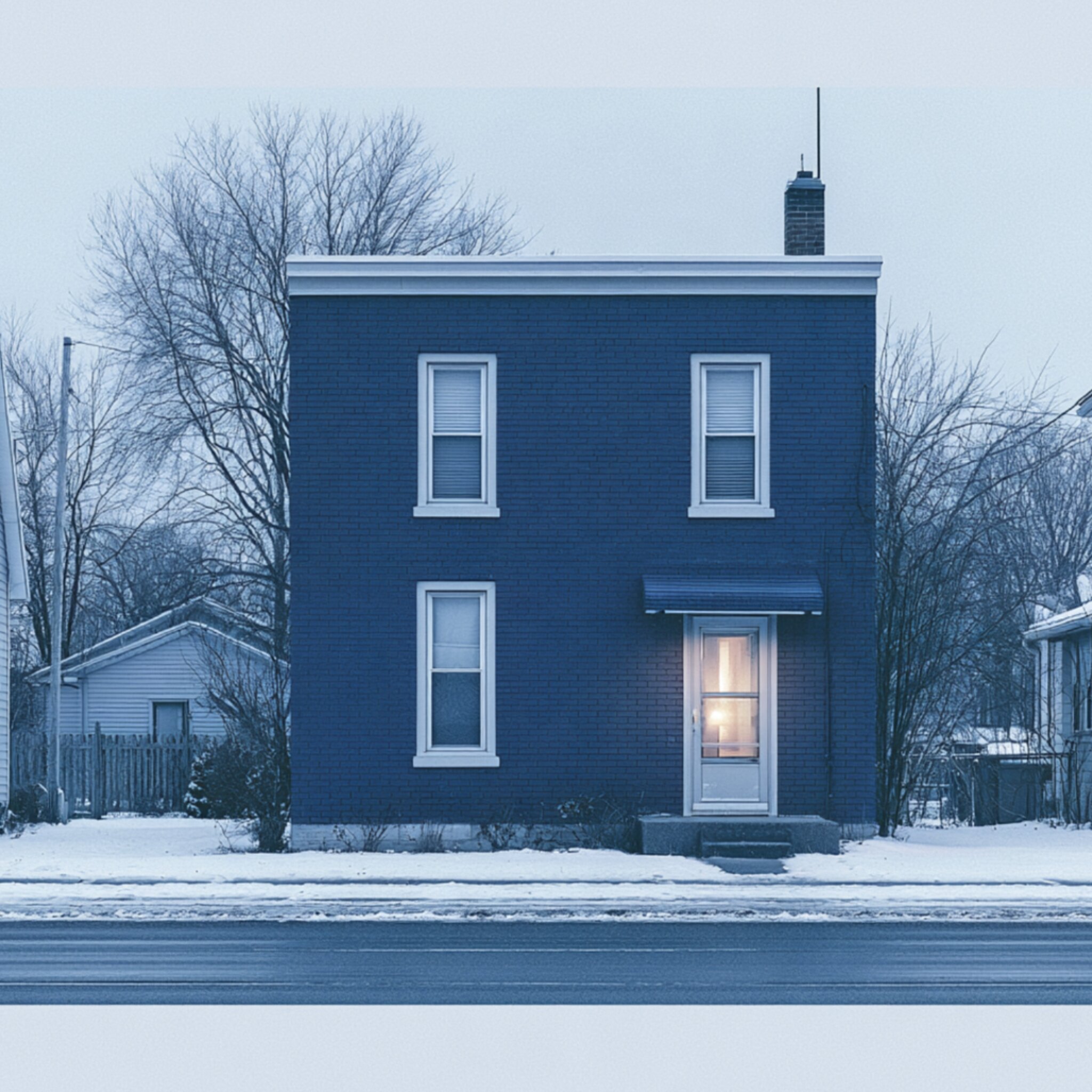 A brick house at dusk, a lit front door and window seen from a snowy sidewalk