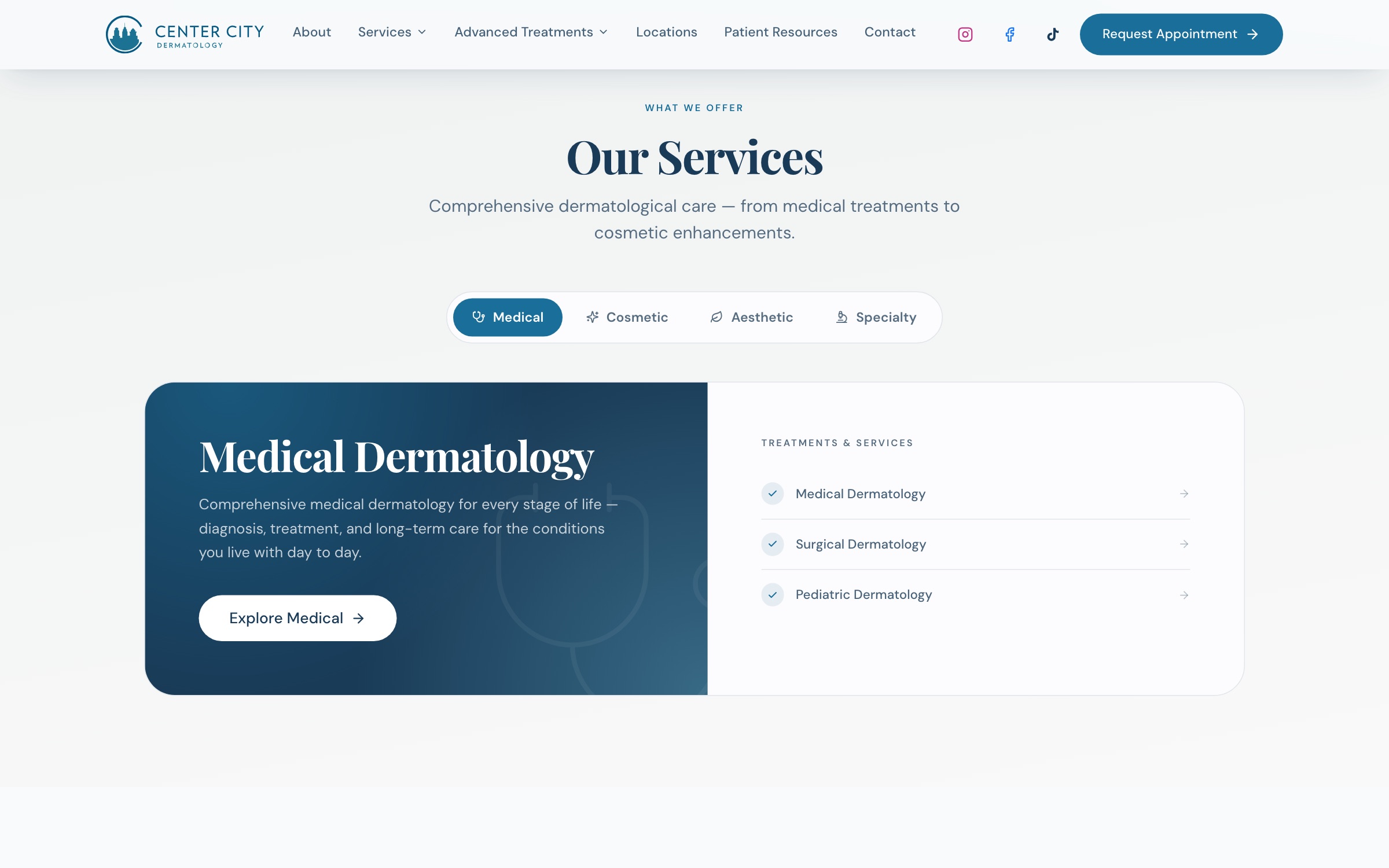 Center City Dermatology, the services section of the home page