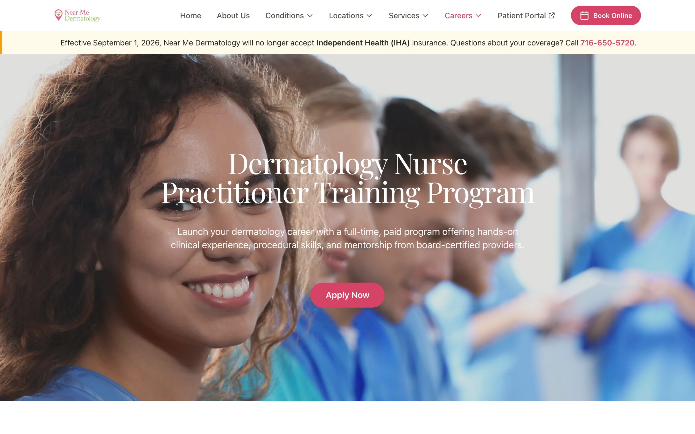 Near Me Dermatology, Nurse practitioner training, with an application form