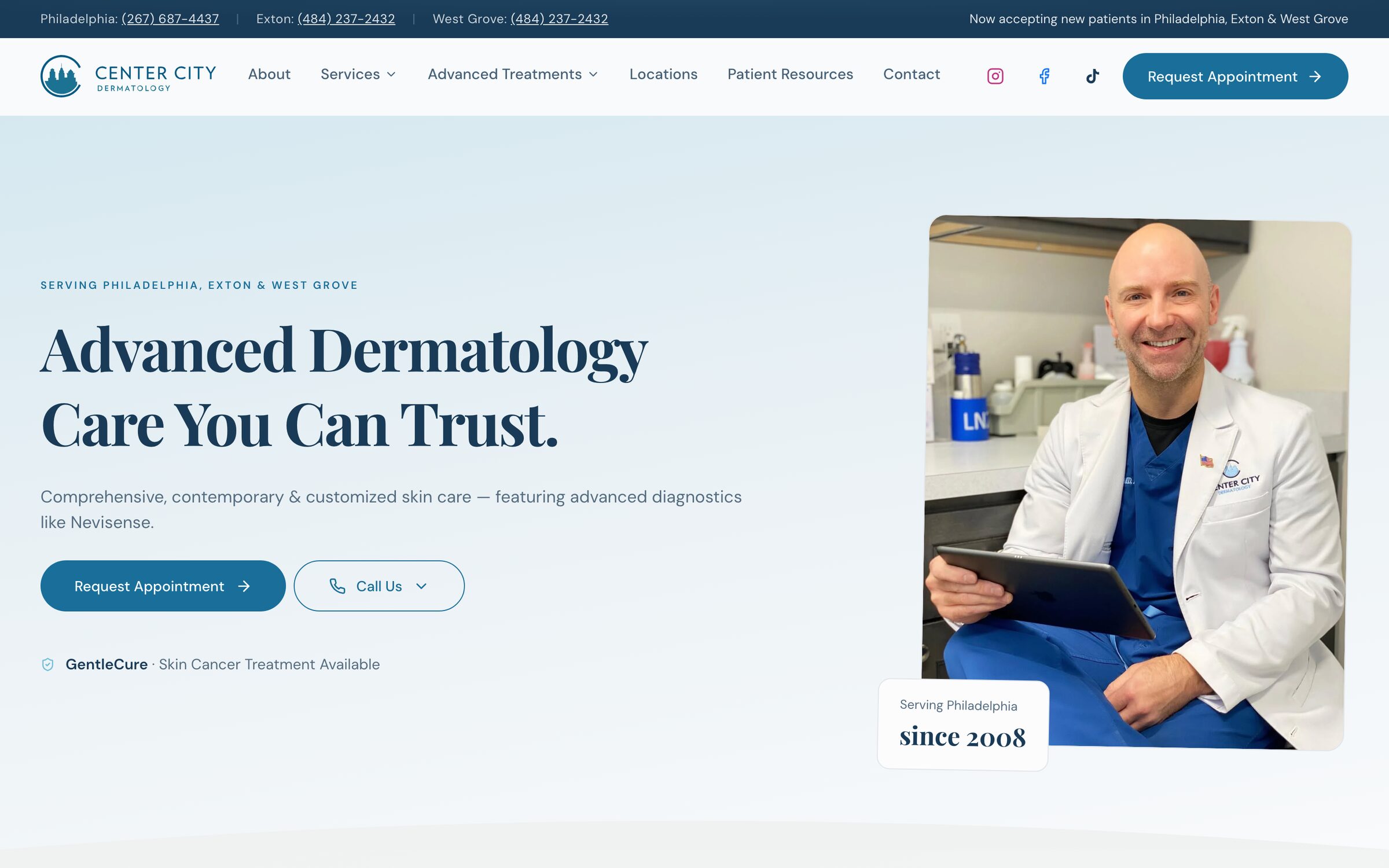 Center City Dermatology, the new first screen: three offices, a request button, GentleCure named