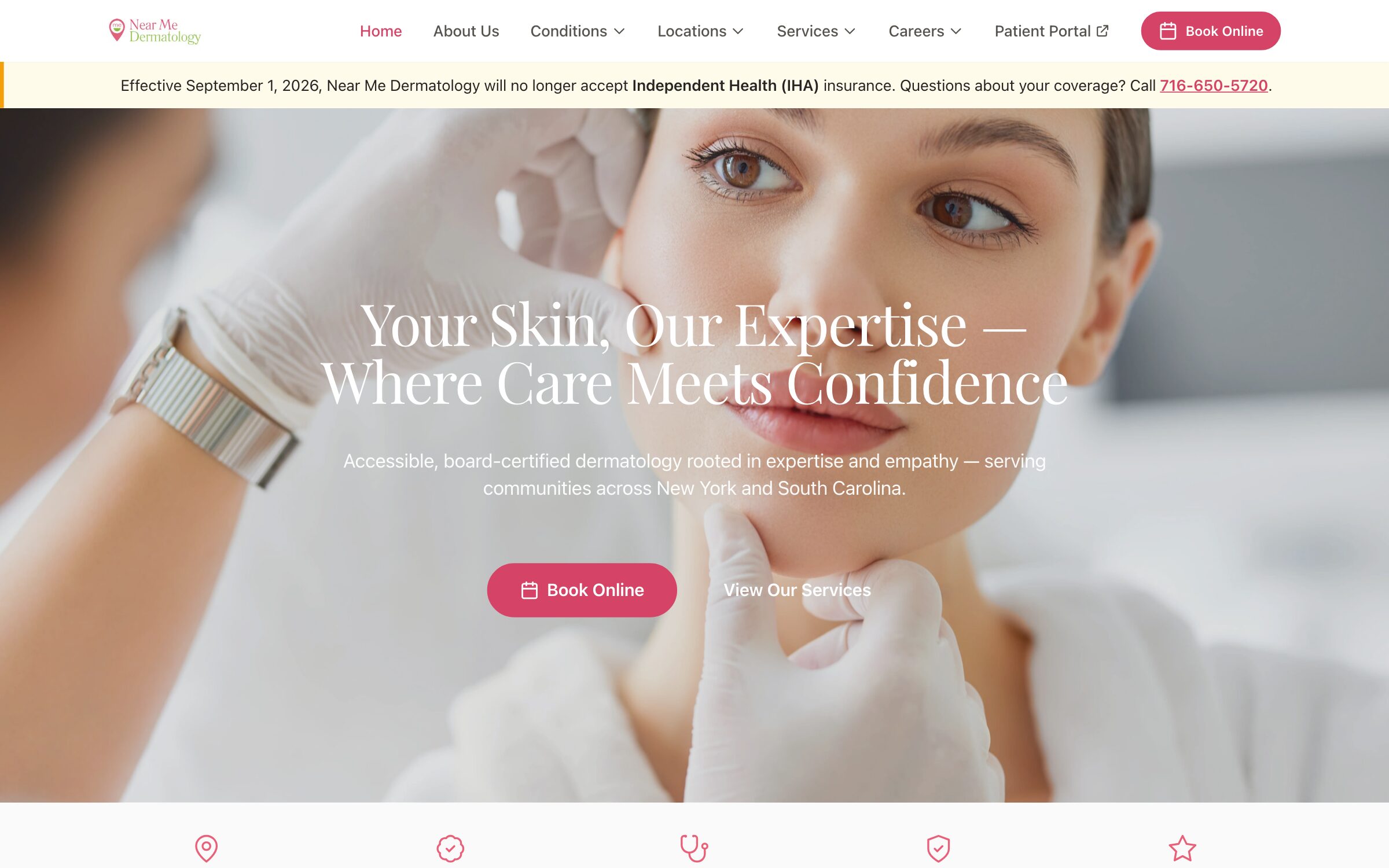 Near Me Dermatology, the first screen as built