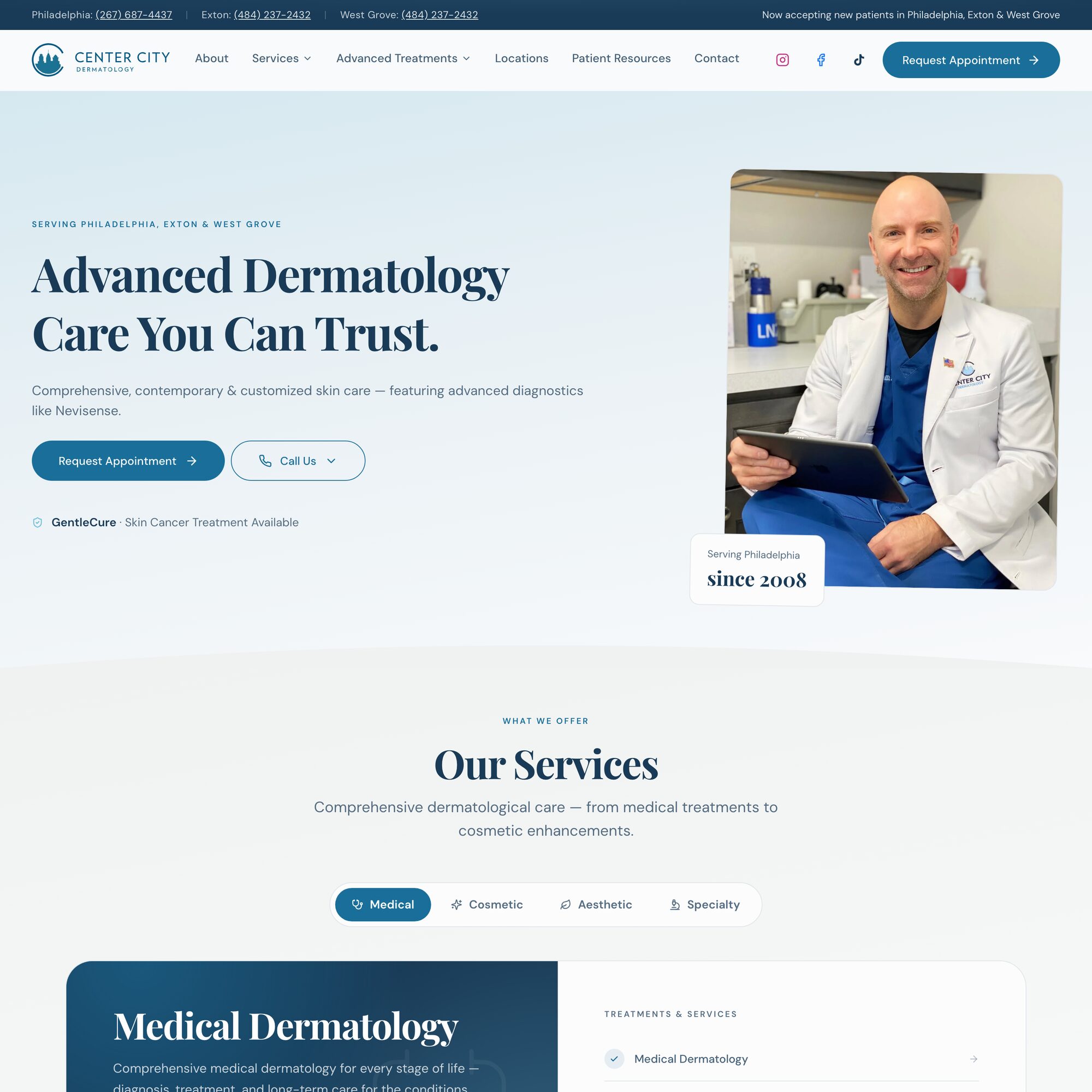 Center City Dermatology, the first screen and below it, captured square